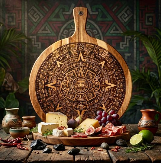 Charcuterie & Cutting Board - Aztec Calendar engraved on beautiful round acacia