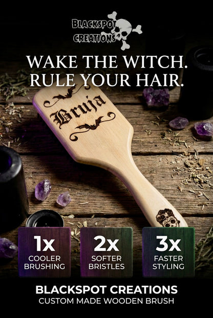 Hairbrush - Bruja engraved on large bamboo paddle brush with Bamboo Bristles