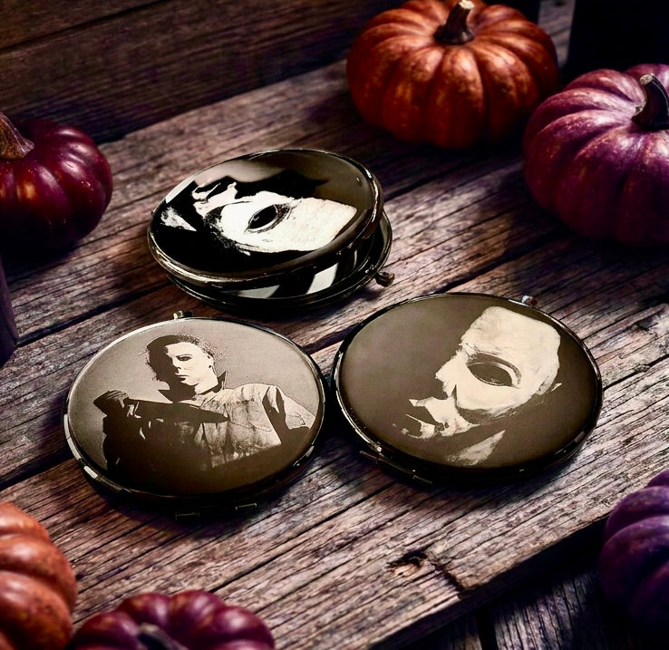 Compact Pocket Mirror - Michael Myers Dual Sided Metal Engraved Halloween