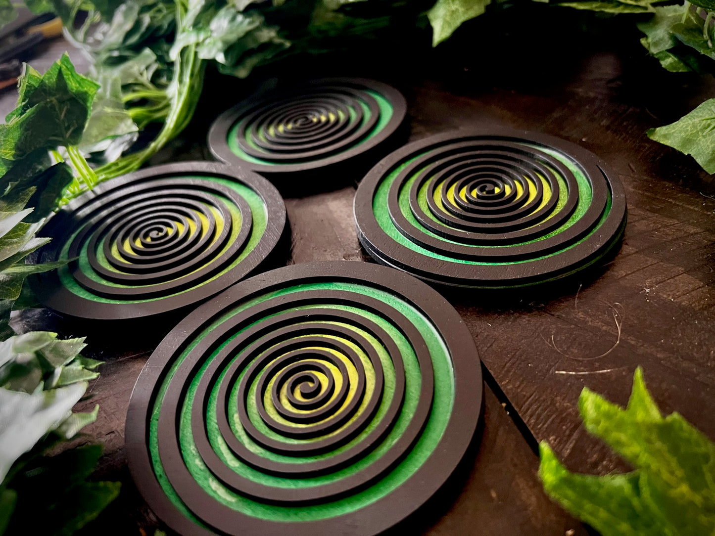 Coaster Set - 3D Psycho Swirls Dual Layer Sealed Wood with Cork Backing