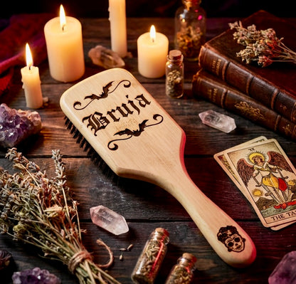 Hairbrush - Bruja engraved on large bamboo paddle brush with Bamboo Bristles