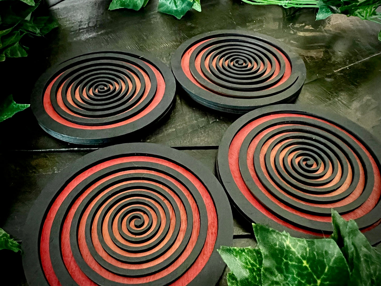 Coaster Set - 3D Psycho Swirls Dual Layer Sealed Wood with Cork Backing