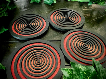 Coaster Set - 3D Psycho Swirls Dual Layer Sealed Wood with Cork Backing