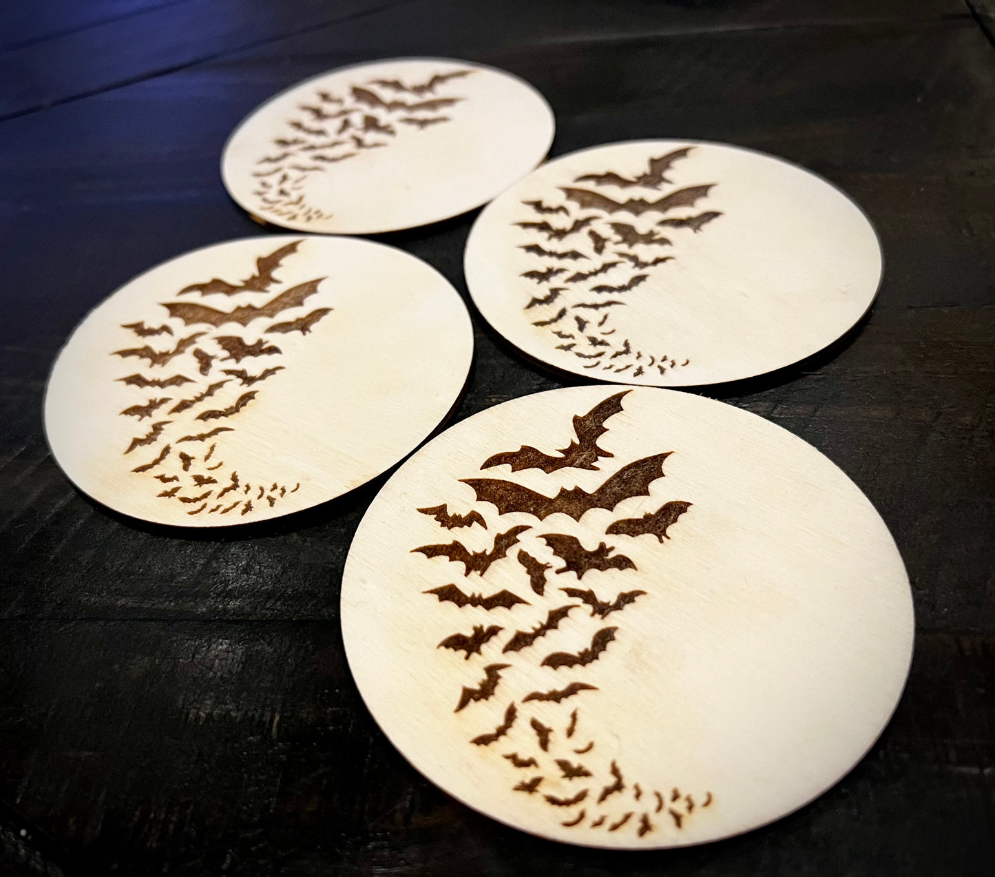 Coasters - Bats! Engraved on Wood with Cork backing (set of 4)