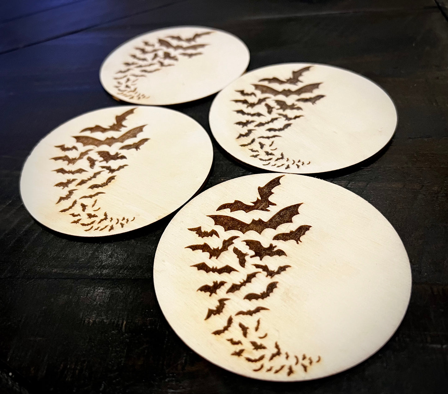 Coaster Set - Bats! Engraved on Wood with Cork backing (set of 4)