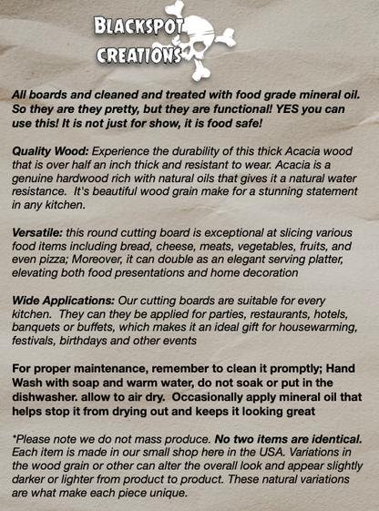 Charcuterie & Cutting Board - The Doomed Tightrope Walker from the stretching room!  Sally Slater 16” X 8” engraved on Acaci