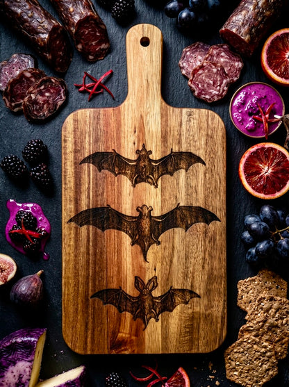 Charcuterie & Cutting Board - “Trio of Bats” engraved on beautiful Acacia Paddle Shaped Board classic Victorian bats 15.7” X 7.8”