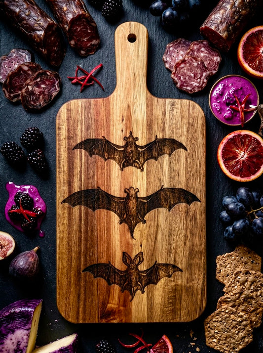 Charcuterie & Cutting Board - “Trio of Bats” engraved on beautiful Acacia Paddle Shaped Board classic Victorian bats 15.7” X 7.8”