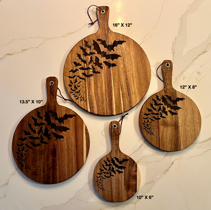 Charcuterie & Cutting Board - A Cauldron Bats engraved on beautiful round Acacia wood