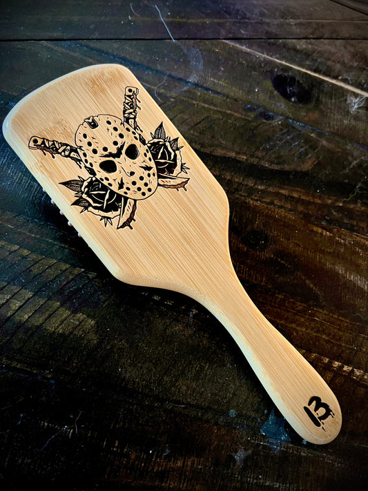 Hairbrush - Jason Voorhees engraved on large bamboo paddle brush with Bamboo Bristles Friday the 13th