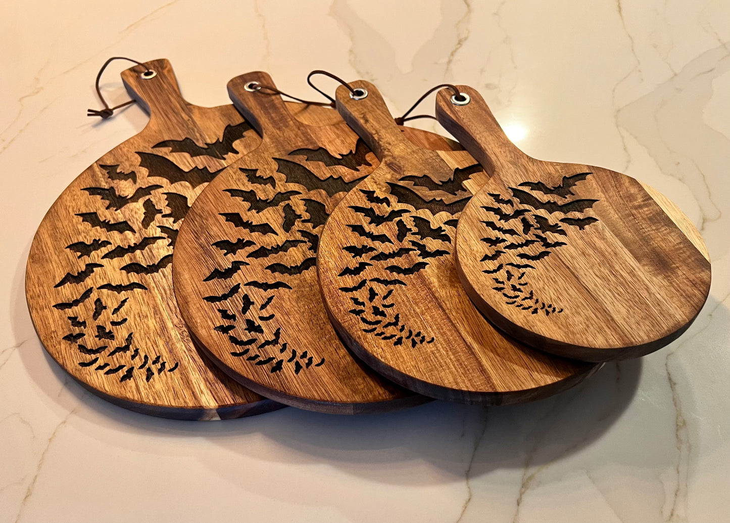 Charcuterie & Cutting Board - A Cauldron Bats engraved on beautiful round Acacia wood