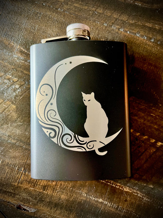 Flask - Cat & Moon 8oz (includes funnel)Stainless Steel
