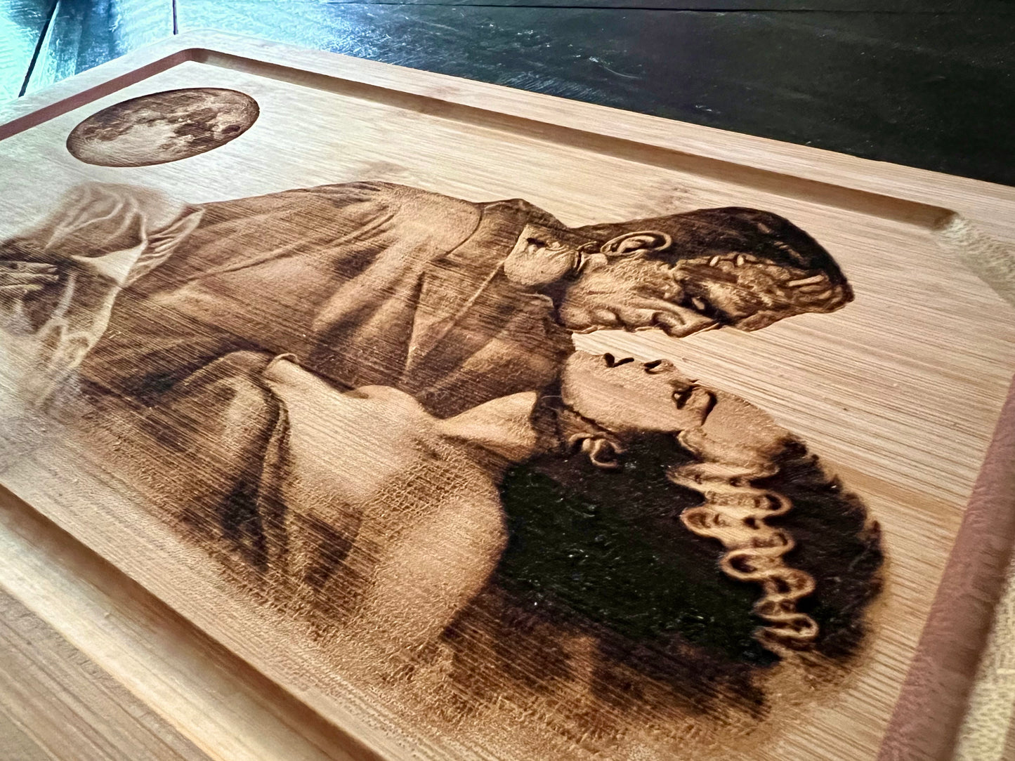 Cutting / Charcuterie Board - Monster & Bride in the Moonlight engraved on heavy duty Bamboo