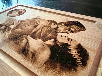 Cutting / Charcuterie Board - Monster & Bride in the Moonlight engraved on heavy duty Bamboo