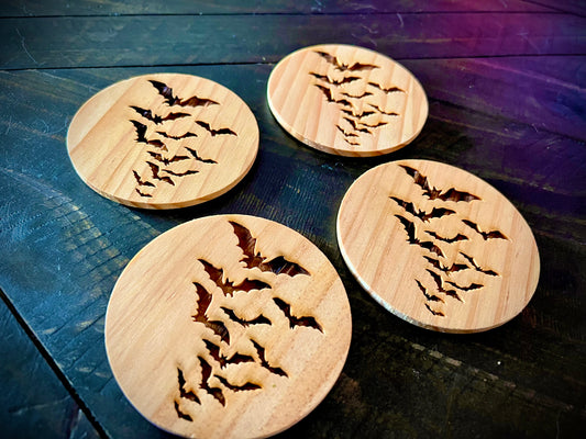 Coaster Set - Coven of Bats Engraved Wood  (set of 4)