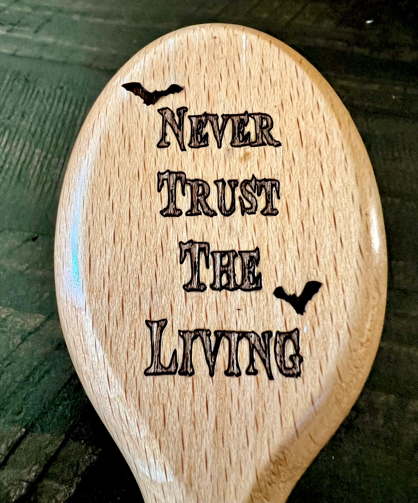 Travel Size Hairbrush - Never Trust The Living engraving with boar bristles