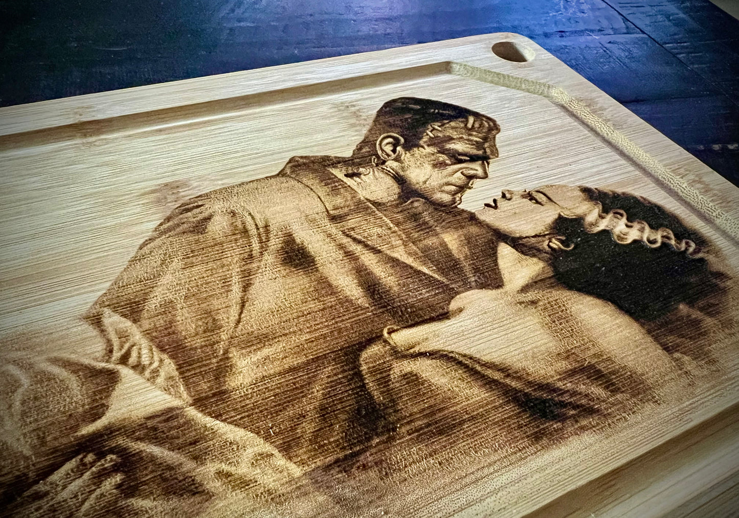 Cutting / Charcuterie Board - Monster & Bride in the Moonlight engraved on heavy duty Bamboo