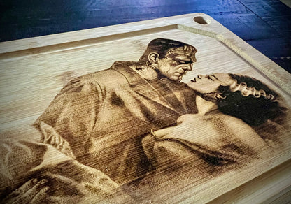 Cutting / Charcuterie Board - Monster & Bride in the Moonlight engraved on heavy duty Bamboo
