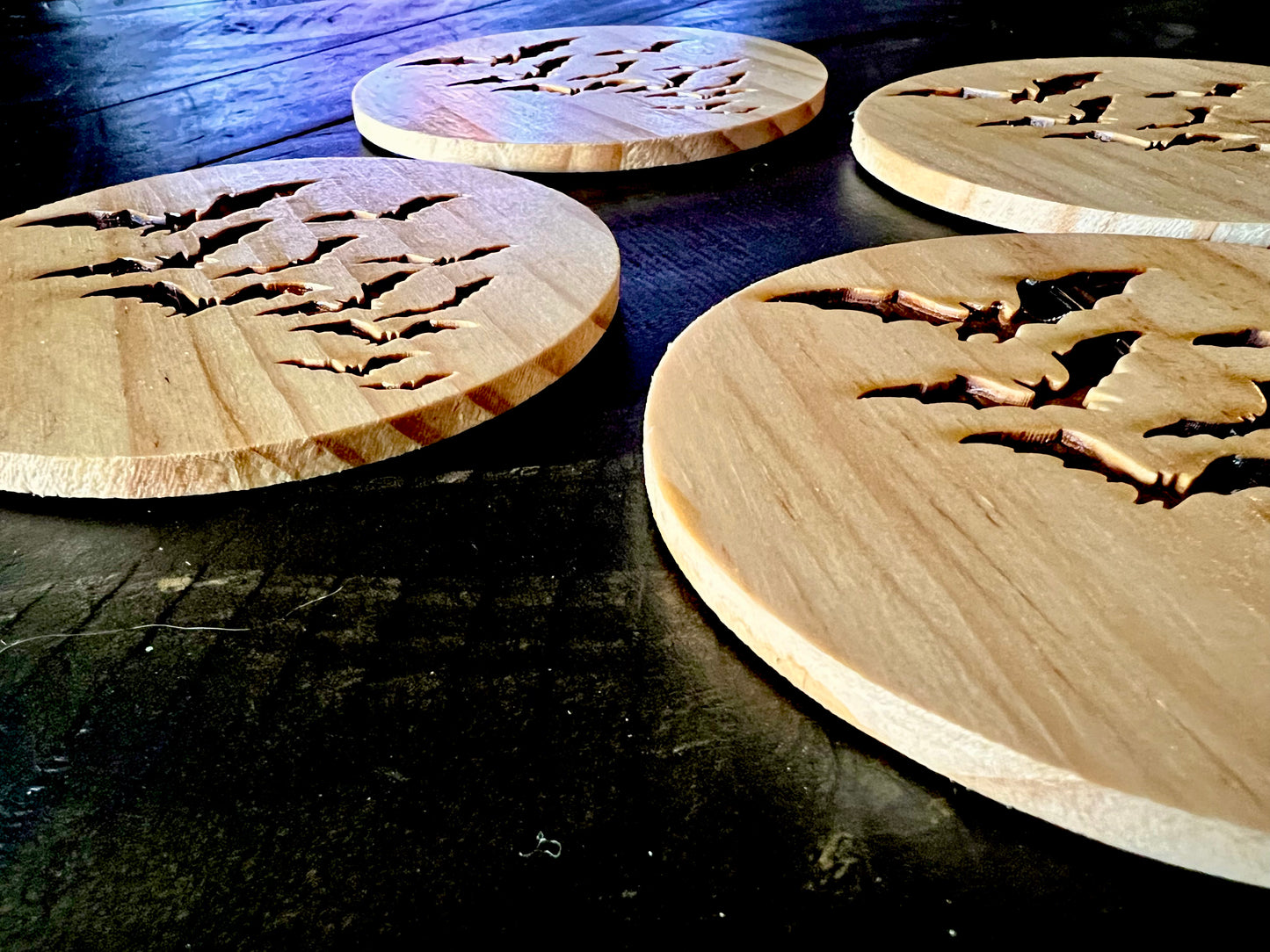 Coaster Set - Coven of Bats Engraved Wood  (set of 4)