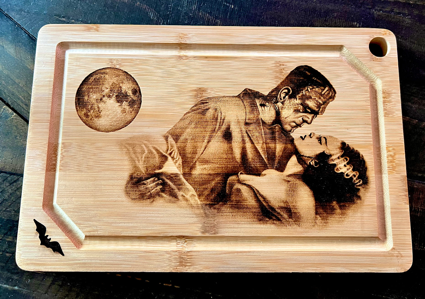 Cutting / Charcuterie Board - Monster & Bride in the Moonlight engraved on heavy duty Bamboo