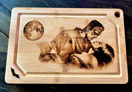 Cutting / Charcuterie Board - Monster & Bride in the Moonlight engraved on heavy duty Bamboo