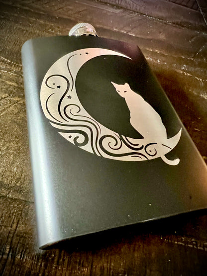 Flask - Cat & Moon 8oz (includes funnel)Stainless Steel