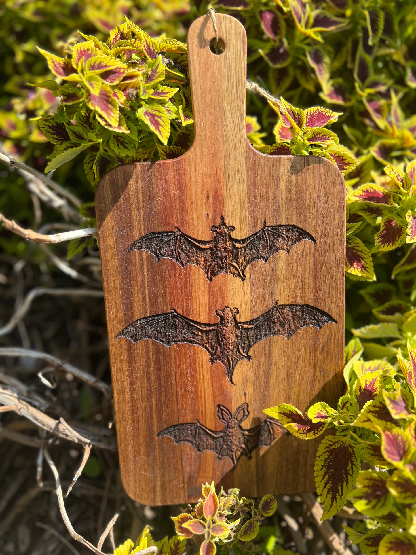 Charcuterie Board - “Trio of Bats” engraved on beautiful Acacia Paddle Shaped Board classic Victorian bats 15.7” X 7.8”