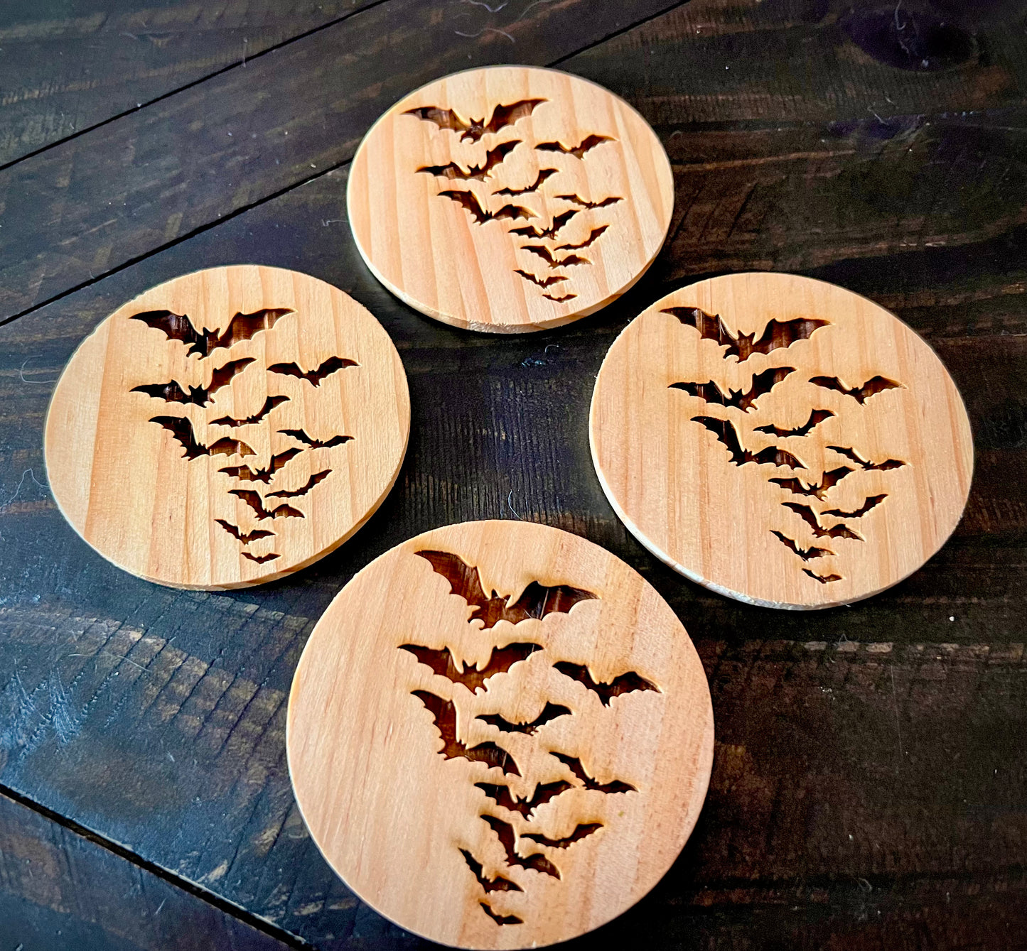 Coaster Set - Coven of Bats Engraved Wood  (set of 4)