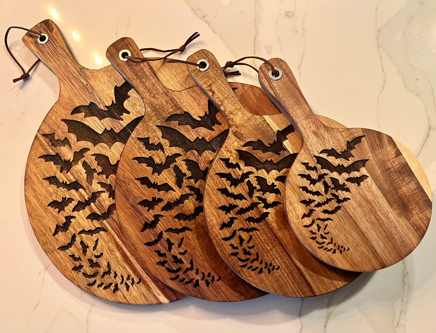 Charcuterie & Cutting Board - A Cauldron Bats engraved on beautiful round Acacia wood
