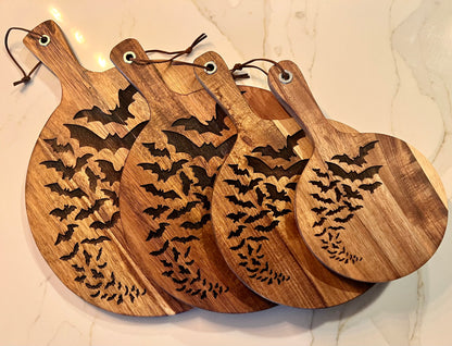 Charcuterie & Cutting Board - A Cauldron Bats engraved on beautiful round Acacia wood