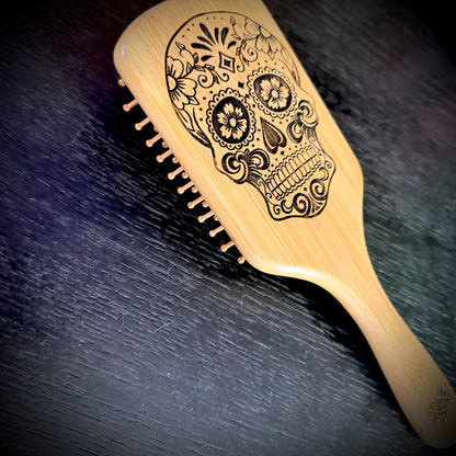 Hairbrush - Sugar Skull Engraved on Bamboo