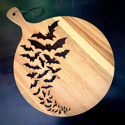 Charcuterie & Cutting Board - A Cauldron Bats engraved on beautiful round Acacia wood