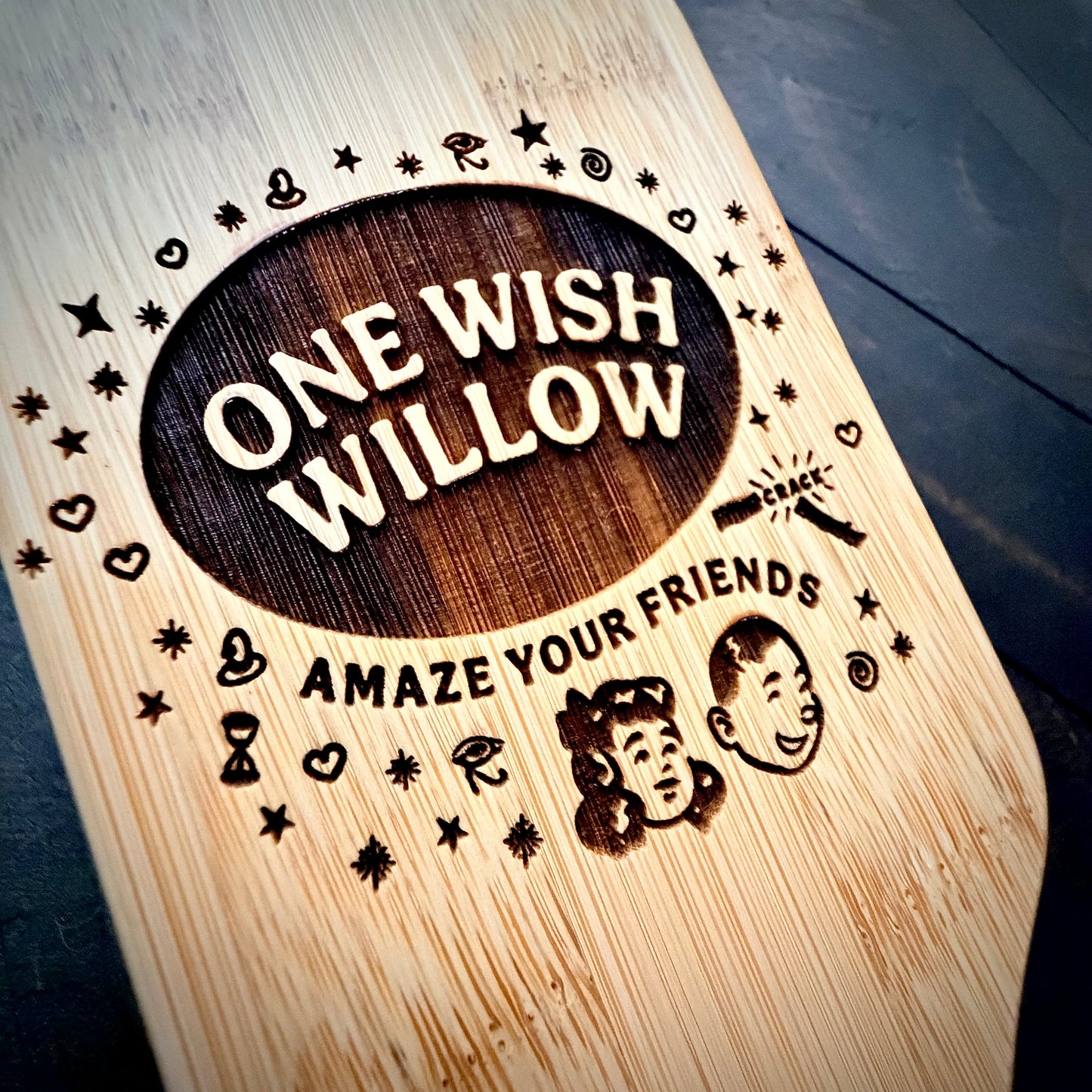 Hairbrush - One Wish Willow  engraved on large bamboo paddle brush with Bamboo Bristles Obsession