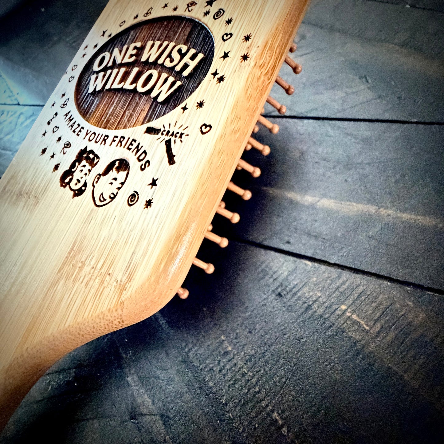 Hairbrush - One Wish Willow  engraved on large bamboo paddle brush with Bamboo Bristles Obsession