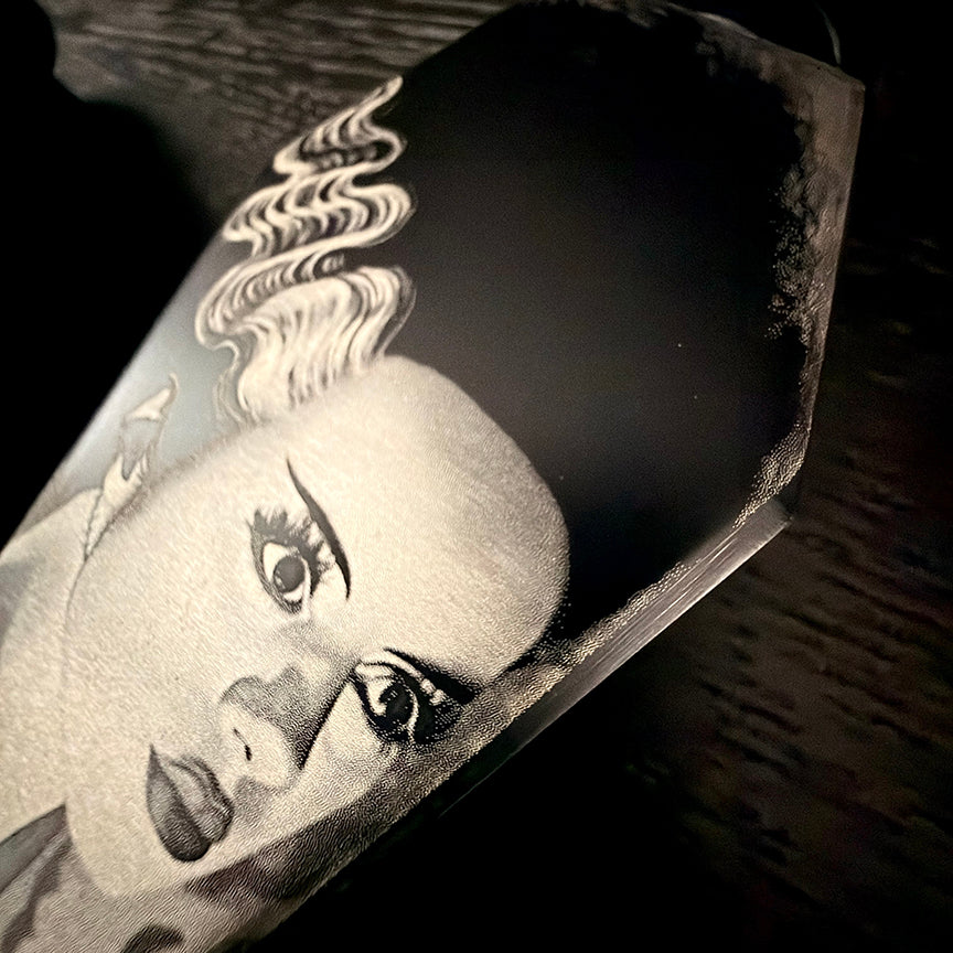 Flask - Bride of Frankenstein Coffin Shaped Stainless Steel Dual-Sided Engraved Metal