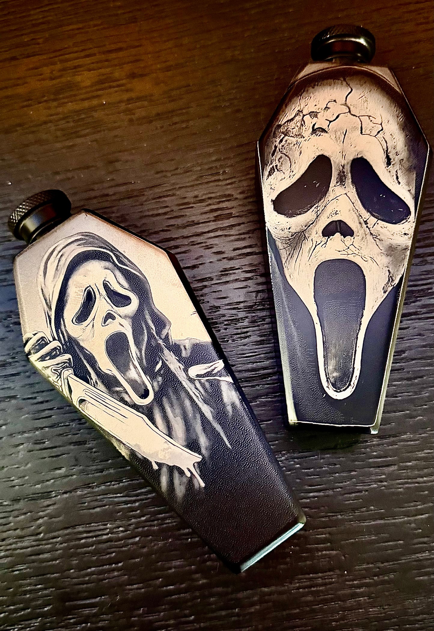 Flask - Ghostface Coffin Shaped Stainless Steel Dual-Sided Engraved Metal Scream