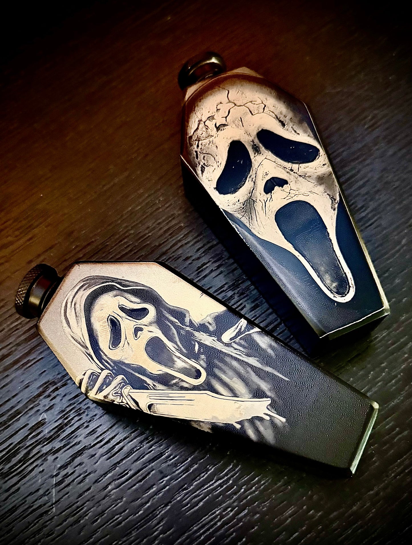 Flask - Ghostface Coffin Shaped Stainless Steel Dual-Sided Engraved Metal Scream