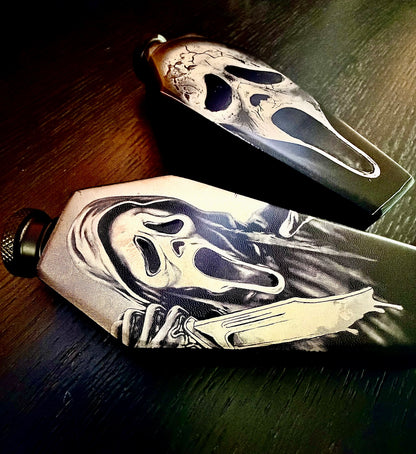 Flask - Ghostface Coffin Shaped Stainless Steel Dual-Sided Engraved Metal Scream