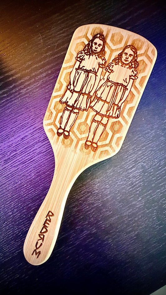 Hairbrush - The Shining Grady Twins engraved on large bamboo paddle brush with Bamboo Bristles