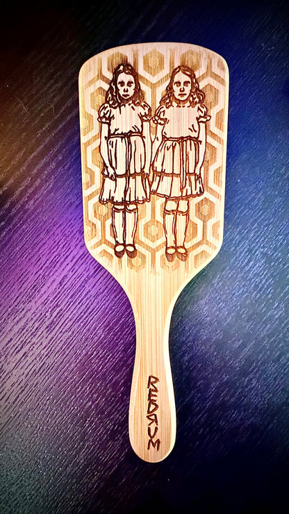 Hairbrush - The Shining Grady Twins engraved on large bamboo paddle brush with Bamboo Bristles