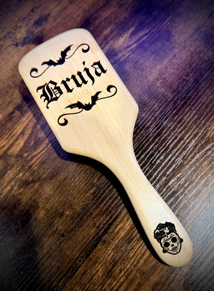 Hairbrush - Bruja engraved on large bamboo paddle brush with Bamboo Bristles