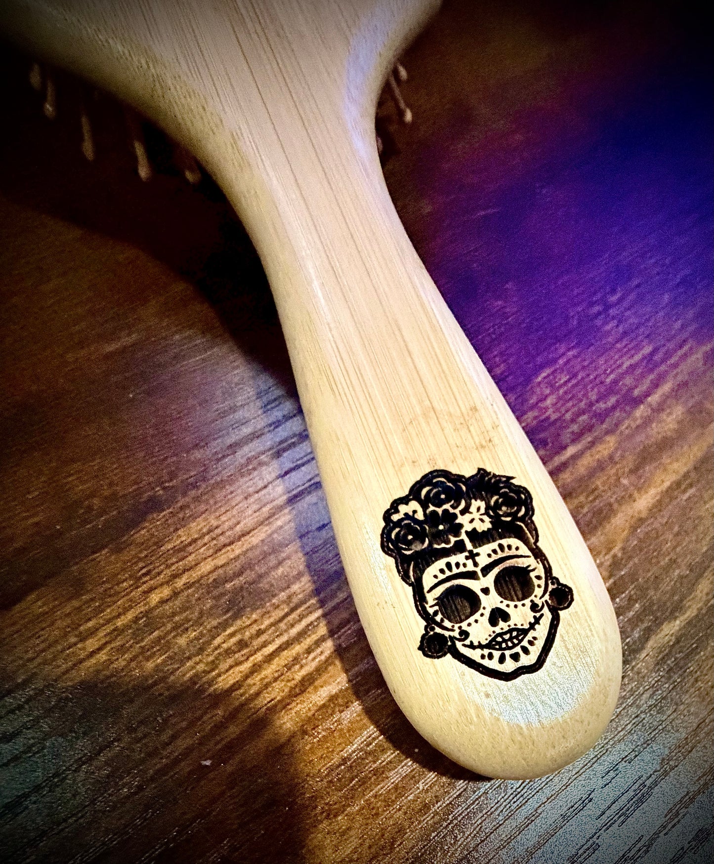 Hairbrush - Bruja engraved on large bamboo paddle brush with Bamboo Bristles