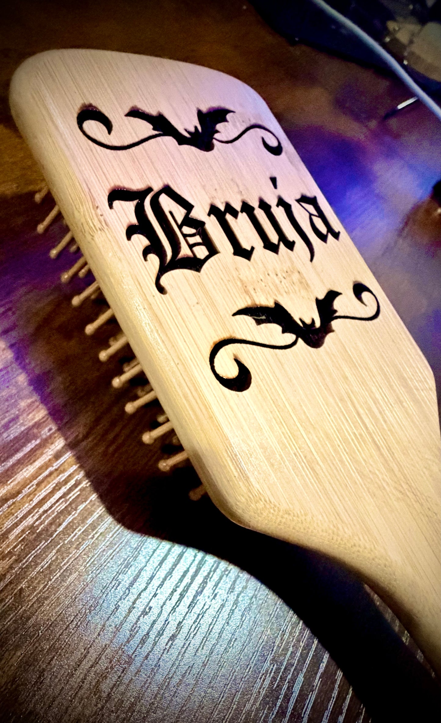 Hairbrush - Bruja engraved on large bamboo paddle brush with Bamboo Bristles