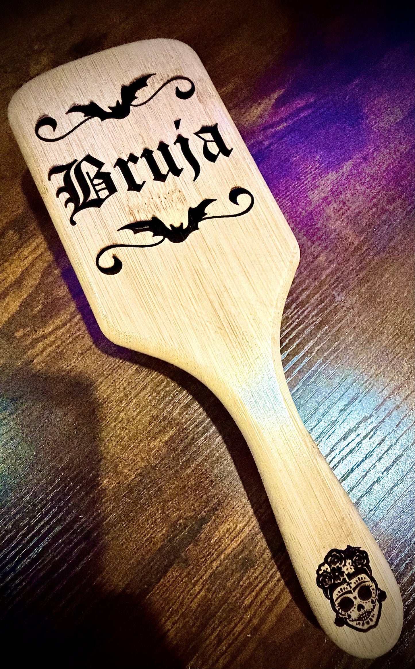 Hairbrush - Bruja engraved on large bamboo paddle brush with Bamboo Bristles