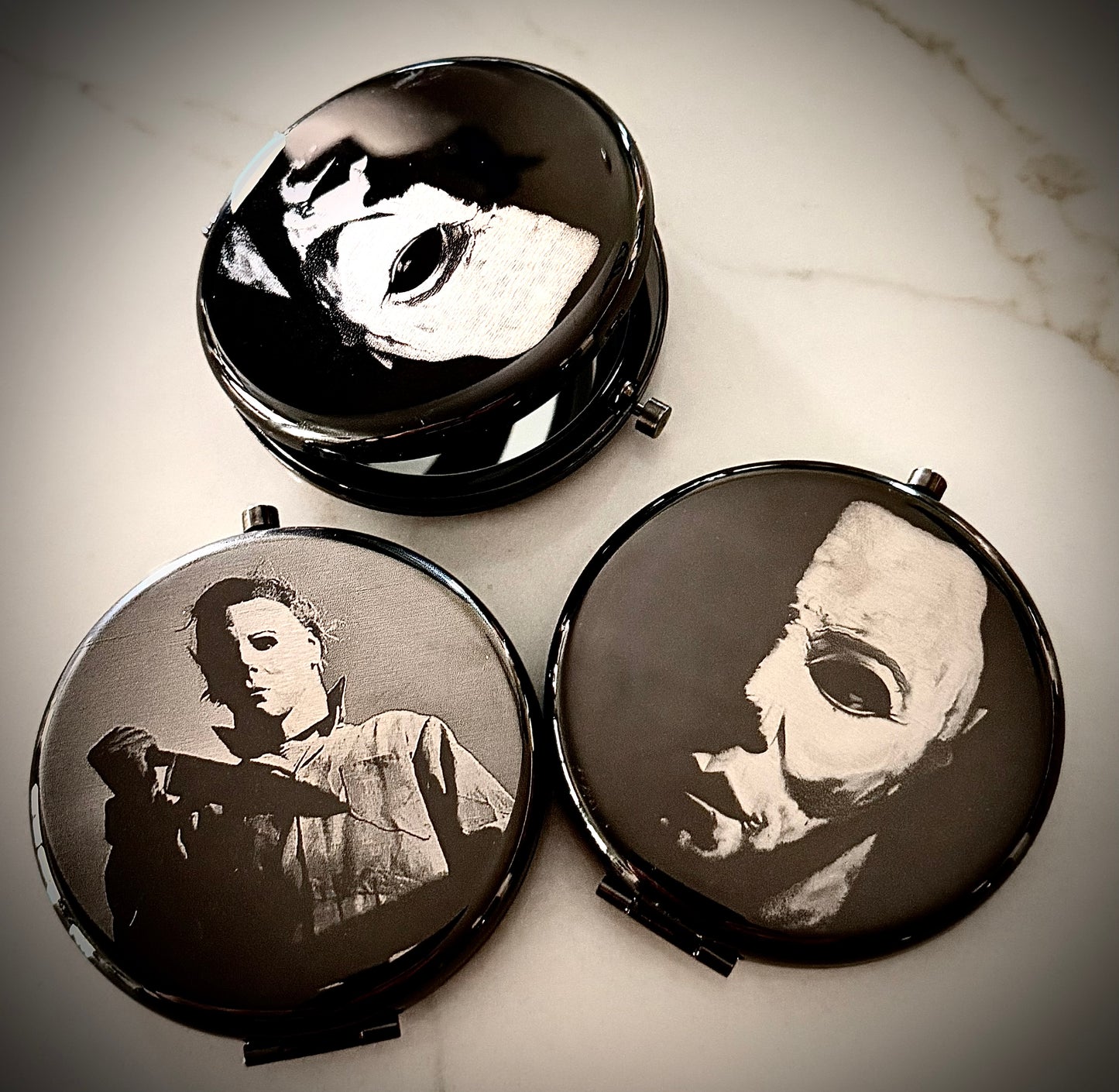 Compact Pocket Mirror - Michael Myers Dual Sided Metal Engraved Halloween