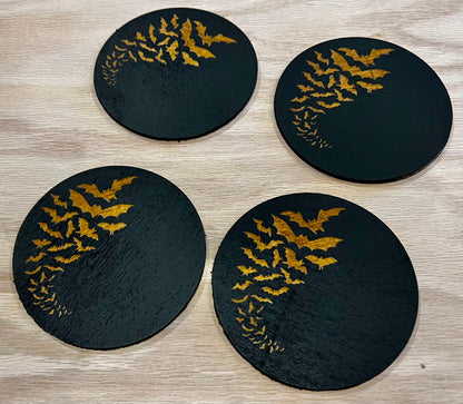 Coaster Set - Bats! Engraved on Wood with Cork backing (set of 4)