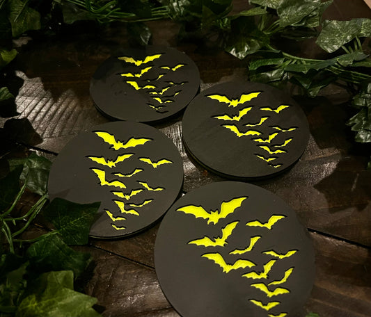 Coasters - 3D Engraved Bats Wooden with Cork back (set of 4)