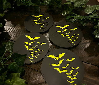 Coaster Set - 3D Engraved Bats Wooden with Cork back (set of 4)