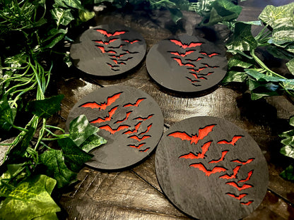 Coaster Set - 3D Engraved Bats Wooden with Cork back (set of 4)