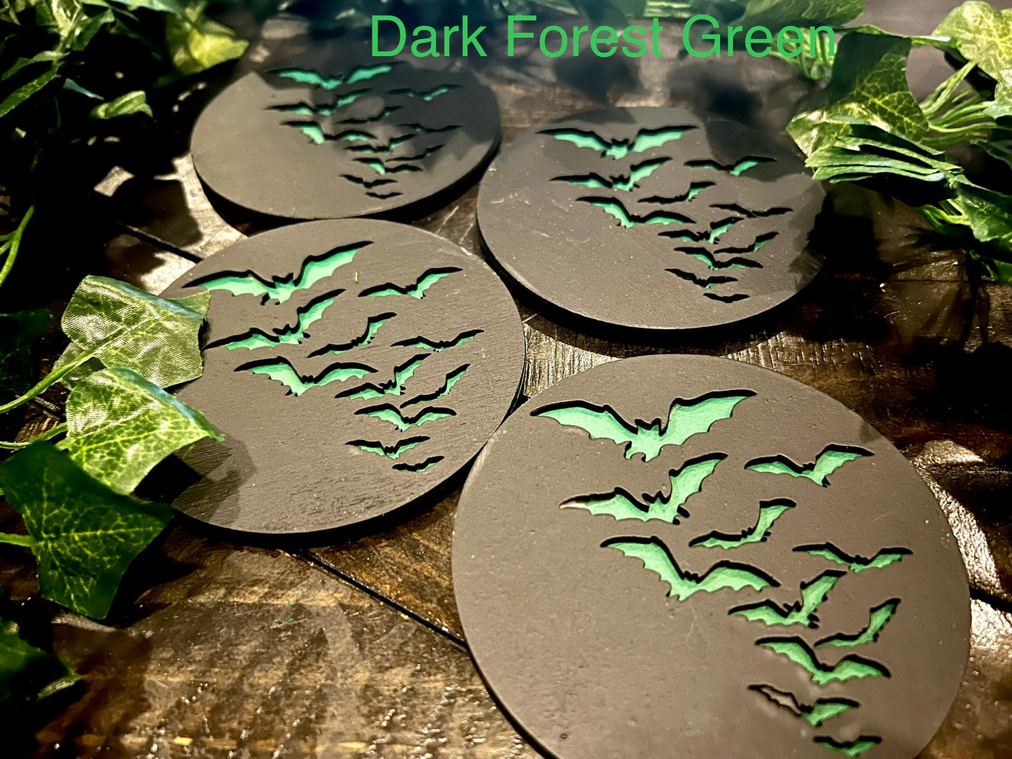 Coaster Set - 3D Engraved Bats Wooden with Cork back (set of 4)